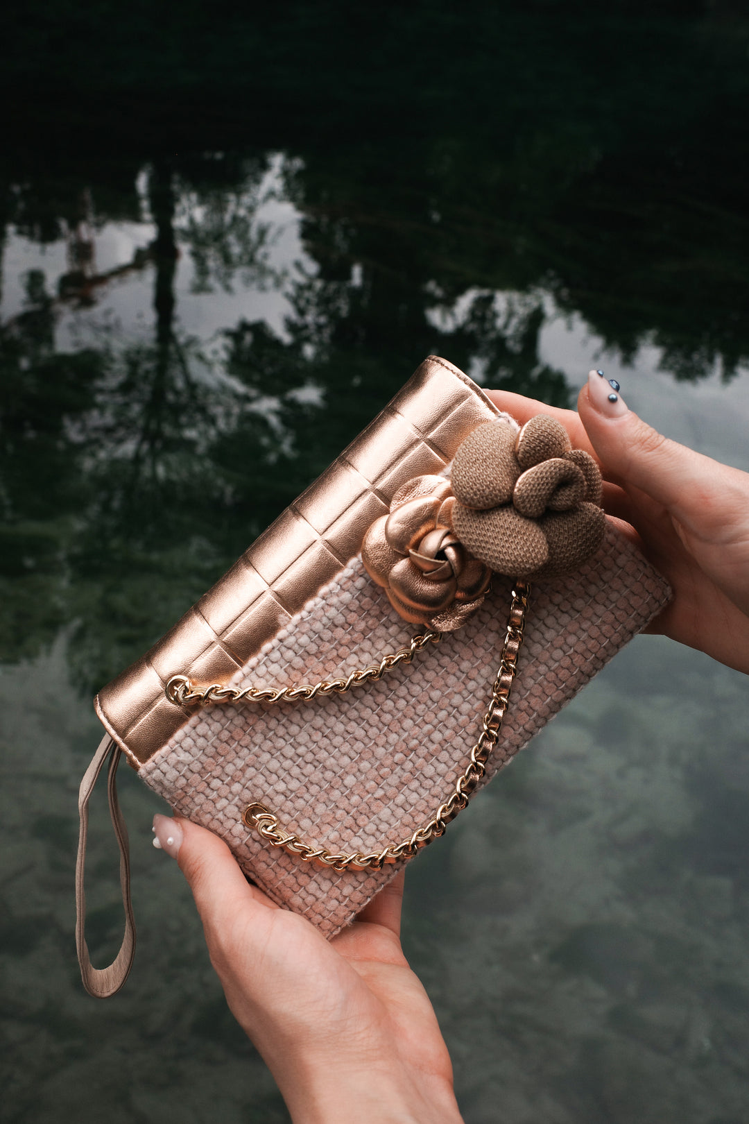 CHANEL Tweed Clutch Camelia Bronze