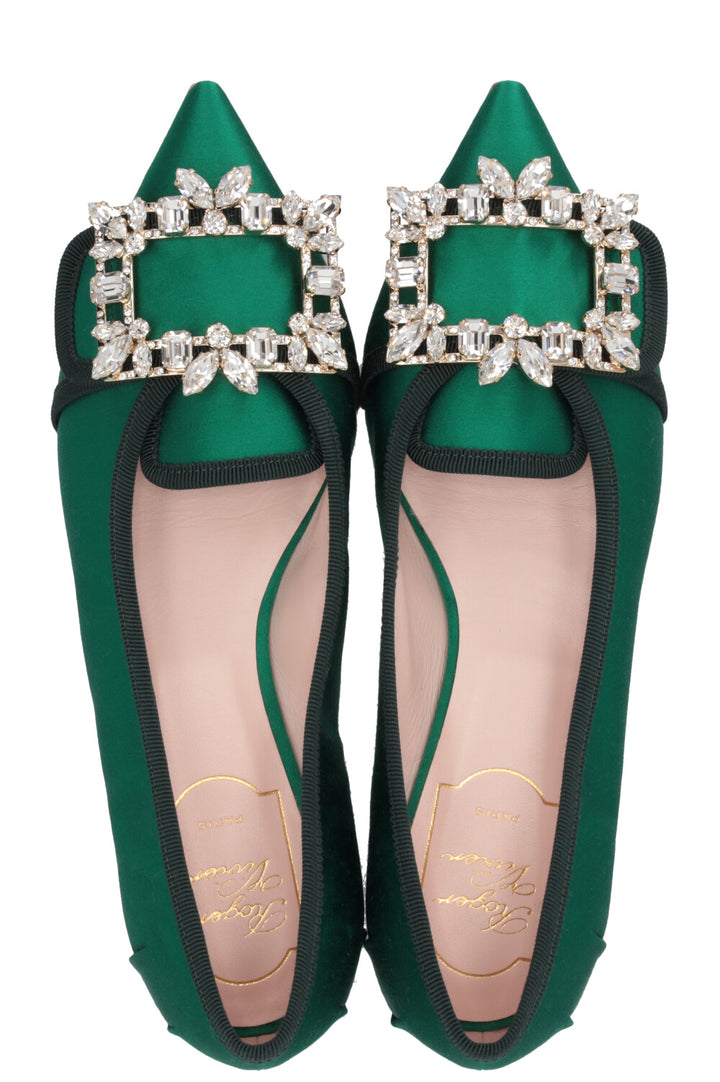 ROGER VIVIER Trianon Crystal Ballet Flats Satin Green