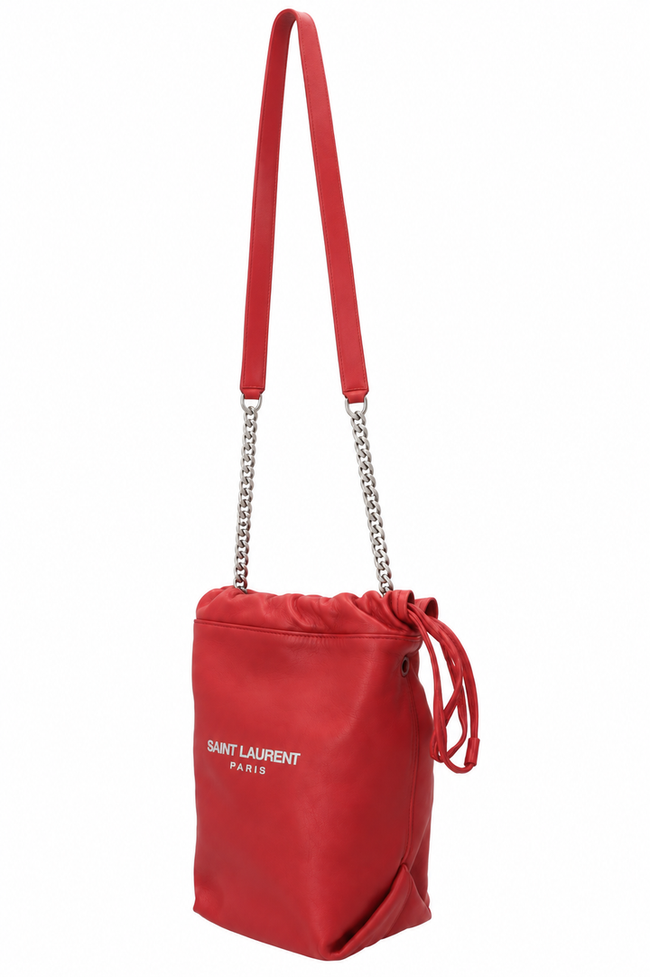 SAINT LAURENT Teddy Drawstring Bucket Bag Red