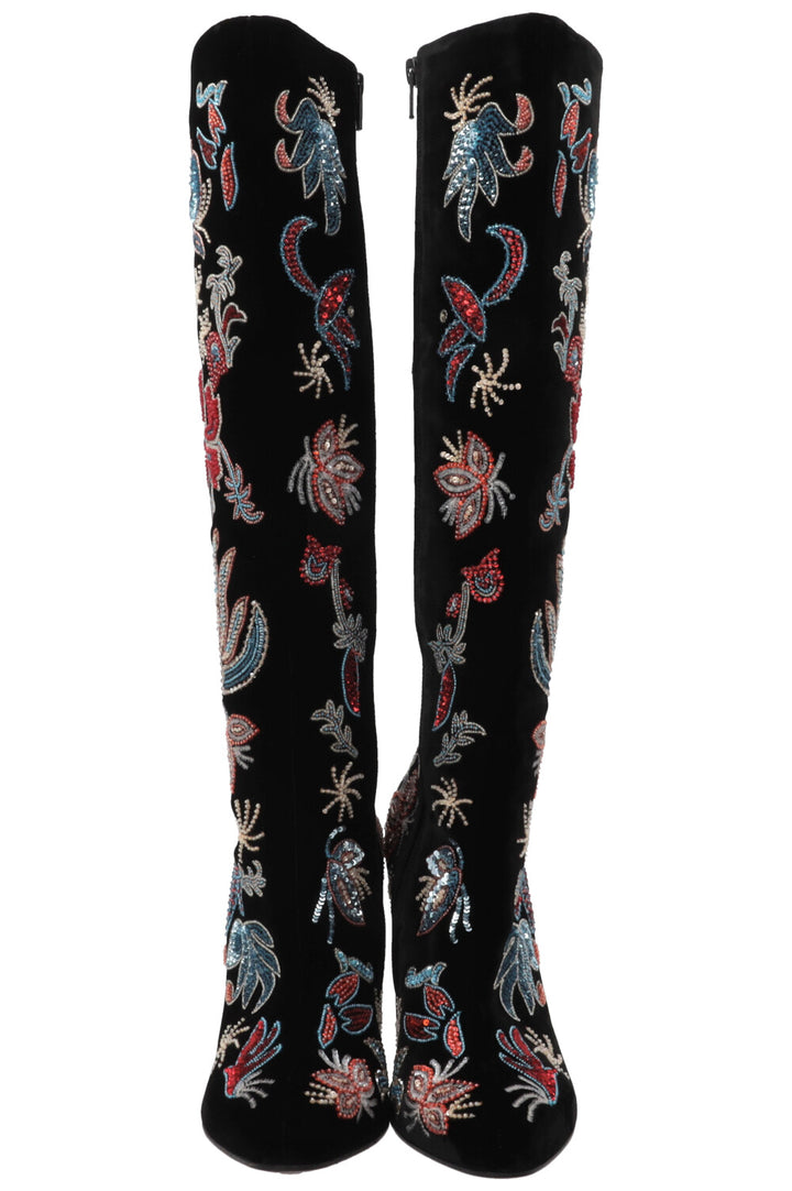 SAINT LAURENT Beaded Claire Boots Velvet Black