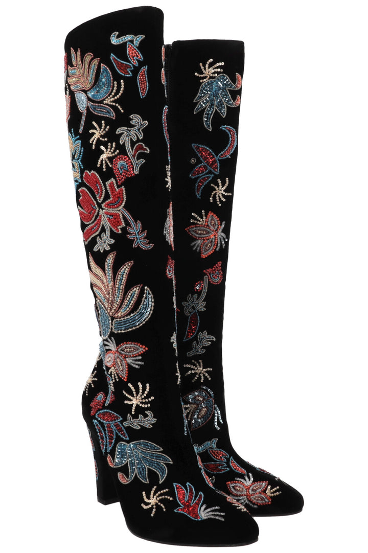 SAINT LAURENT Beaded Claire Boots Velvet Black