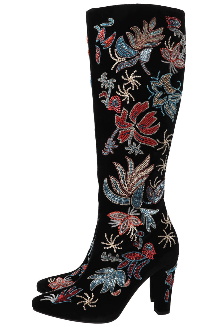 SAINT LAURENT Beaded Claire Boots Velvet Black