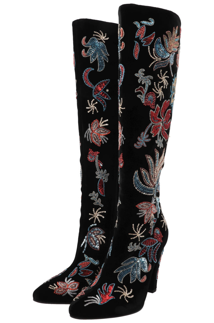 SAINT LAURENT Beaded Claire Boots Velvet Black