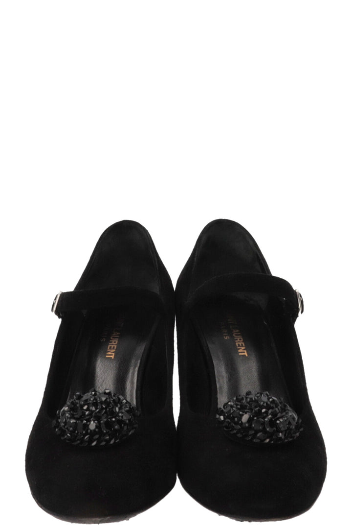 SAINT LAURENT Beaded Mary Jane Heels Suede Black