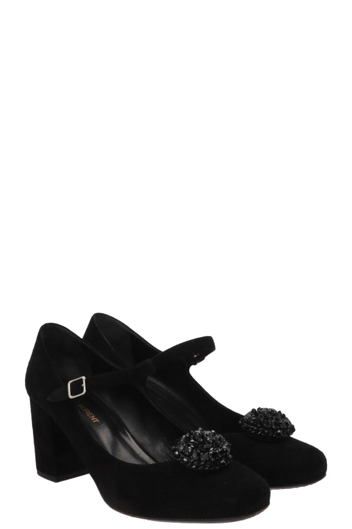 SAINT LAURENT Beaded Mary Jane Heels Suede Black