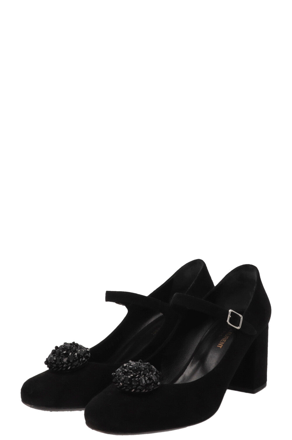 SAINT LAURENT Beaded Mary Jane Heels Suede Black