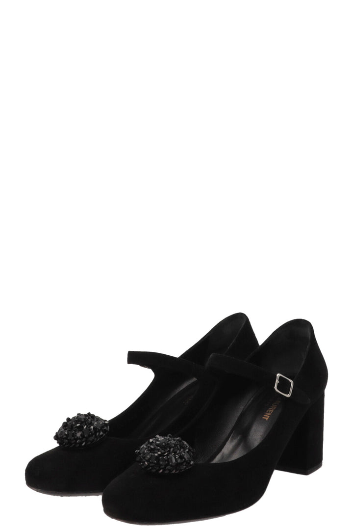 SAINT LAURENT Beaded Mary Jane Heels Suede Black