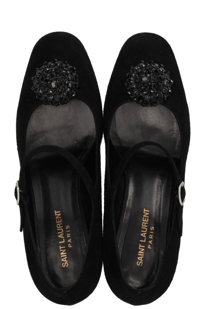 SAINT LAURENT Beaded Mary Jane Heels Suede Black