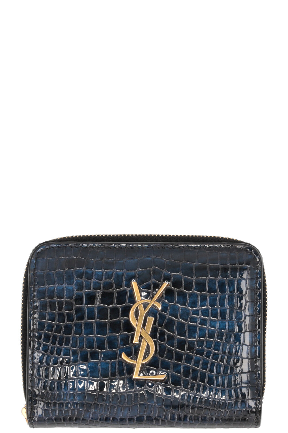 SAINT LAURENT Compact Cassandre Wallet Croco Embossed Midnight Blue