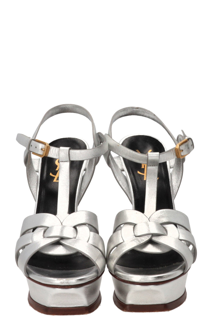 SAINT LAURENT Tribute 135 Platform Sandals Leather Silver