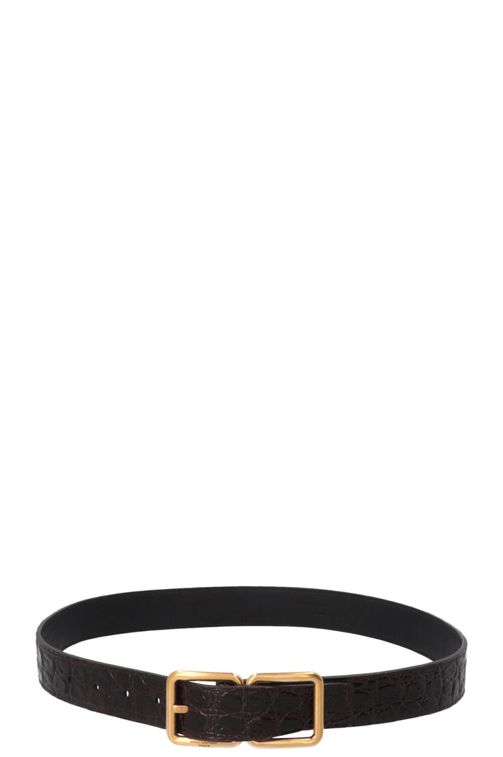 SAINT LAURENT Double Buckle Belt Croc Embossed Leather Brown