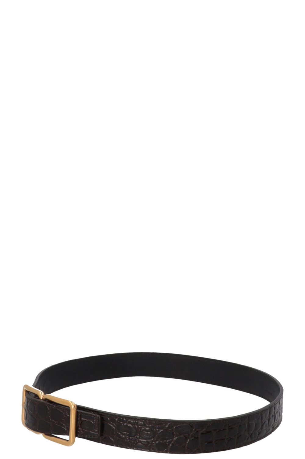 SAINT LAURENT Double Buckle Belt Croc Embossed Leather Brown