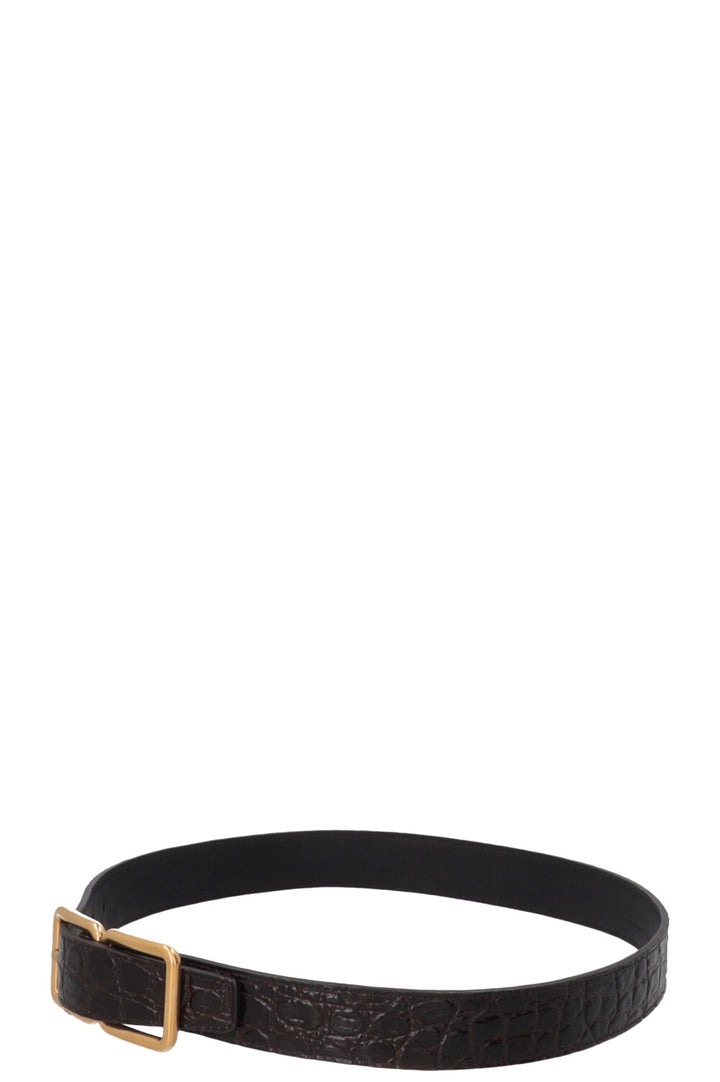 SAINT LAURENT Double Buckle Belt Croc Embossed Leather Brown