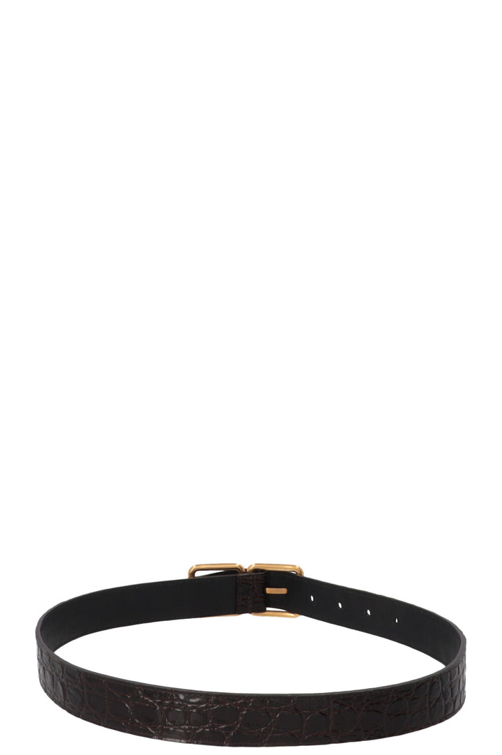 SAINT LAURENT Double Buckle Belt Croc Embossed Leather Brown