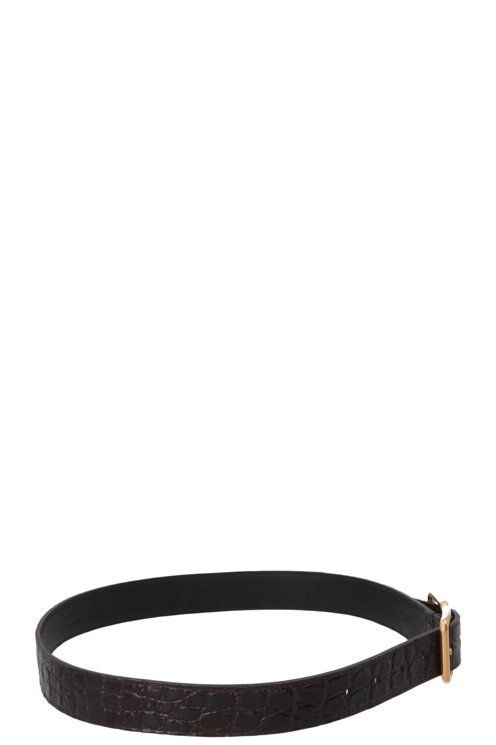 SAINT LAURENT Double Buckle Belt Croc Embossed Leather Brown