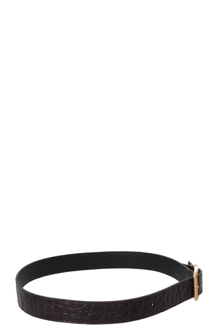 SAINT LAURENT Double Buckle Belt Croc Embossed Leather Brown