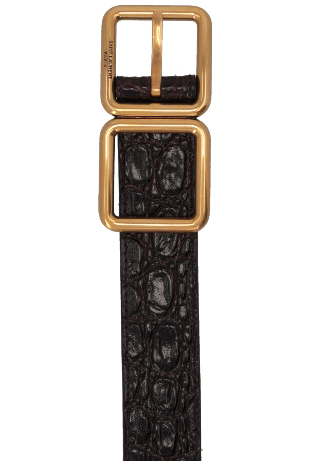 SAINT LAURENT Double Buckle Belt Croc Embossed Leather Brown