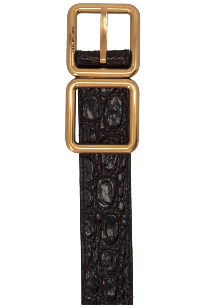 SAINT LAURENT Double Buckle Belt Croc Embossed Leather Brown