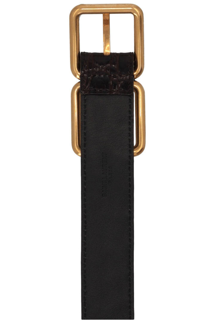 SAINT LAURENT Double Buckle Belt Croc Embossed Leather Brown