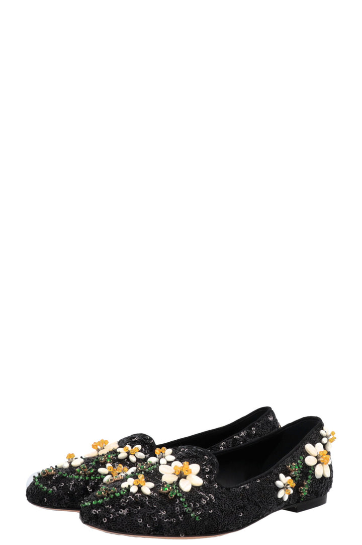 DOLCE&GABBANA Floral Embroidered Sequin Ballet Flats Black