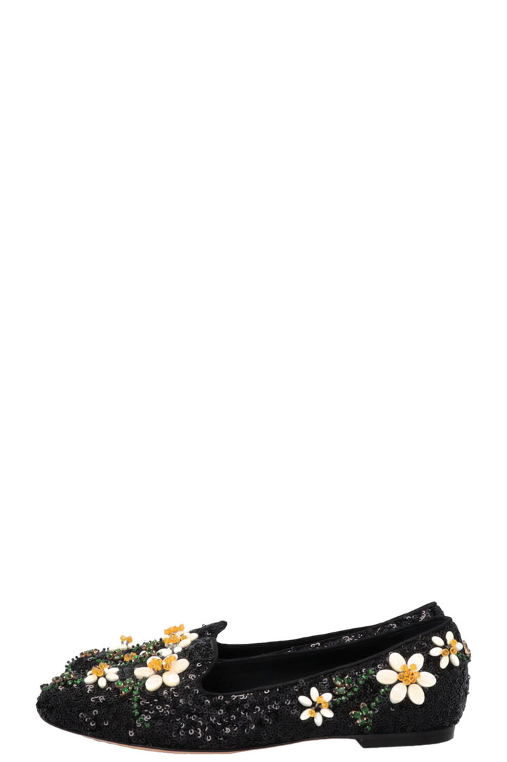 DOLCE&GABBANA Floral Embroidered Sequin Ballet Flats Black