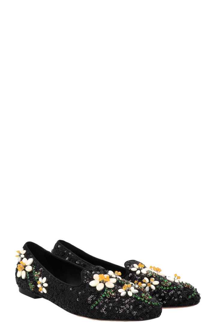 DOLCE&GABBANA Floral Embroidered Sequin Ballet Flats Black