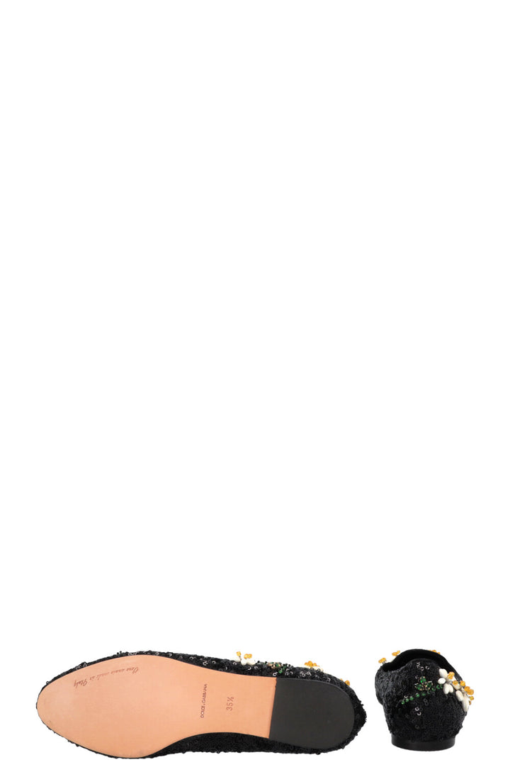 DOLCE&GABBANA Floral Embroidered Sequin Ballet Flats Black