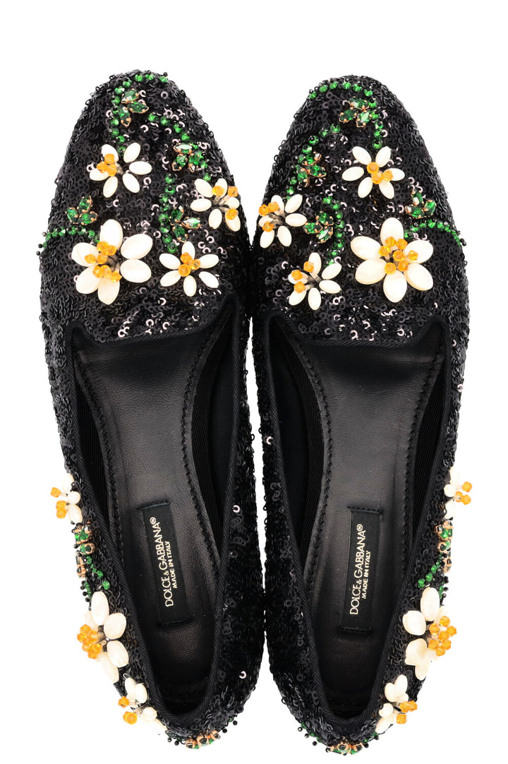 DOLCE&GABBANA Floral Embroidered Sequin Ballet Flats Black