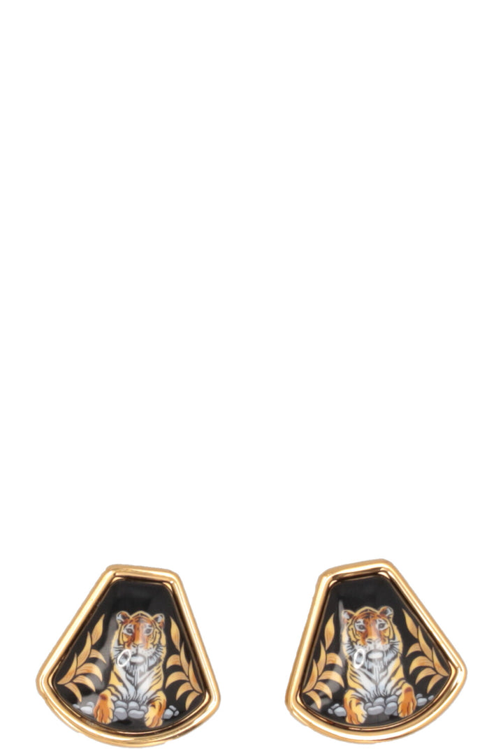 HERMÈS Vintage Tiger Ear Clips Enamel Gold Black