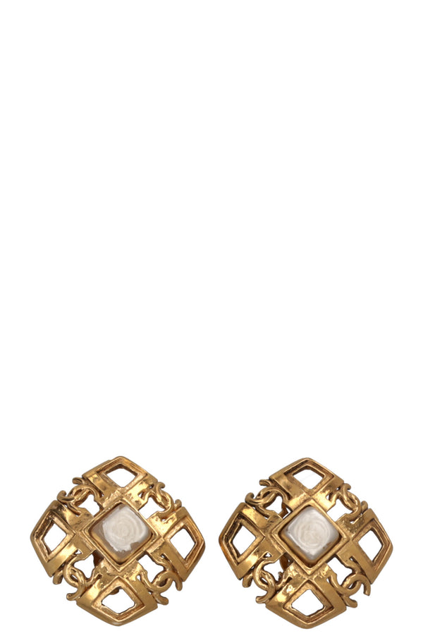 CHANEL Vintage Clip Earrings CC Gold White