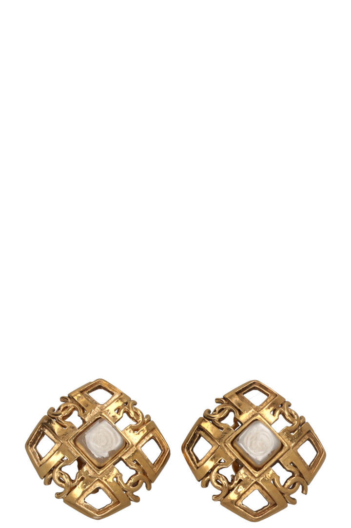 CHANEL Vintage Clip Earrings CC Gold White