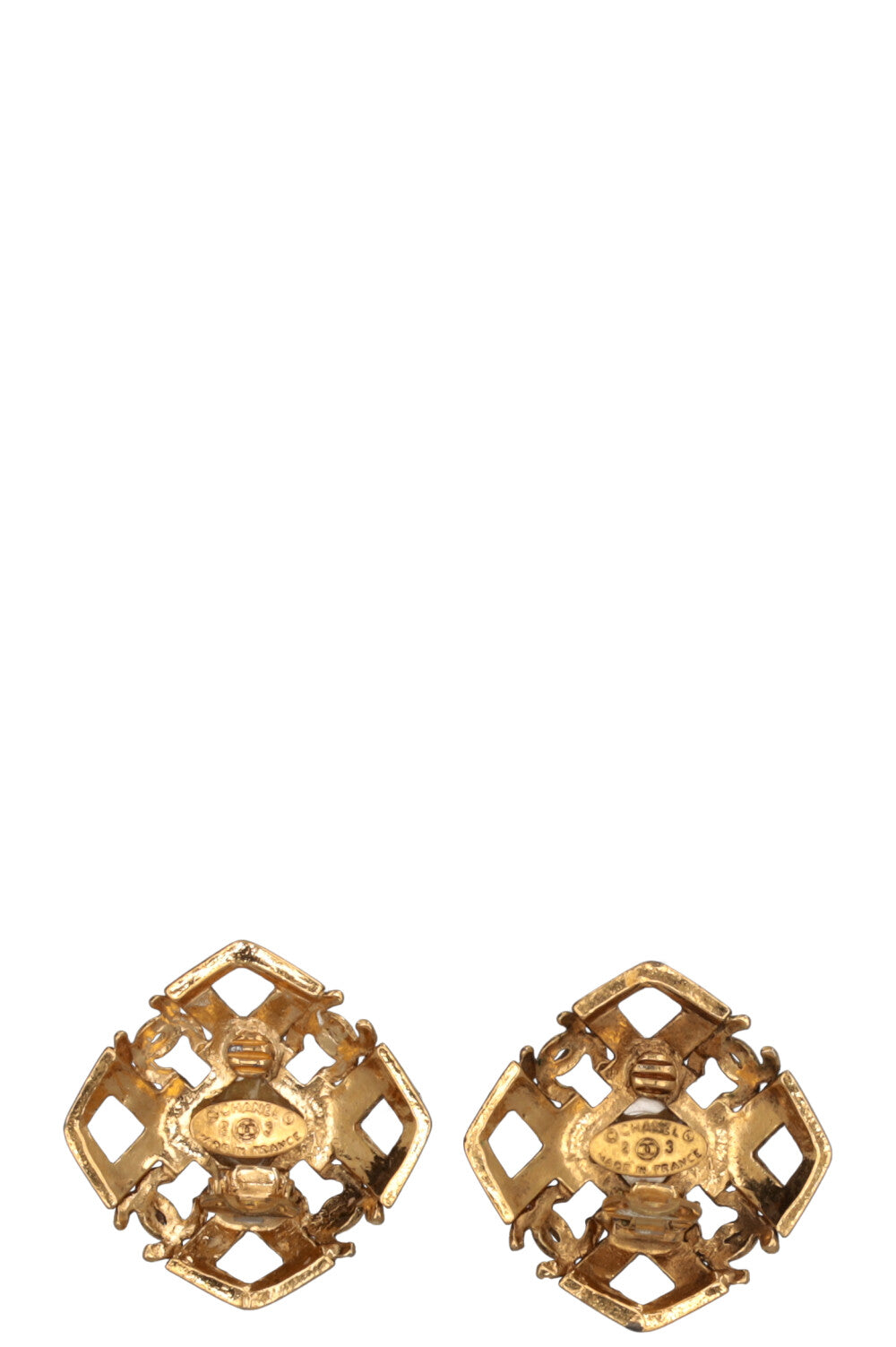CHANEL Vintage Clip Earrings CC Gold White