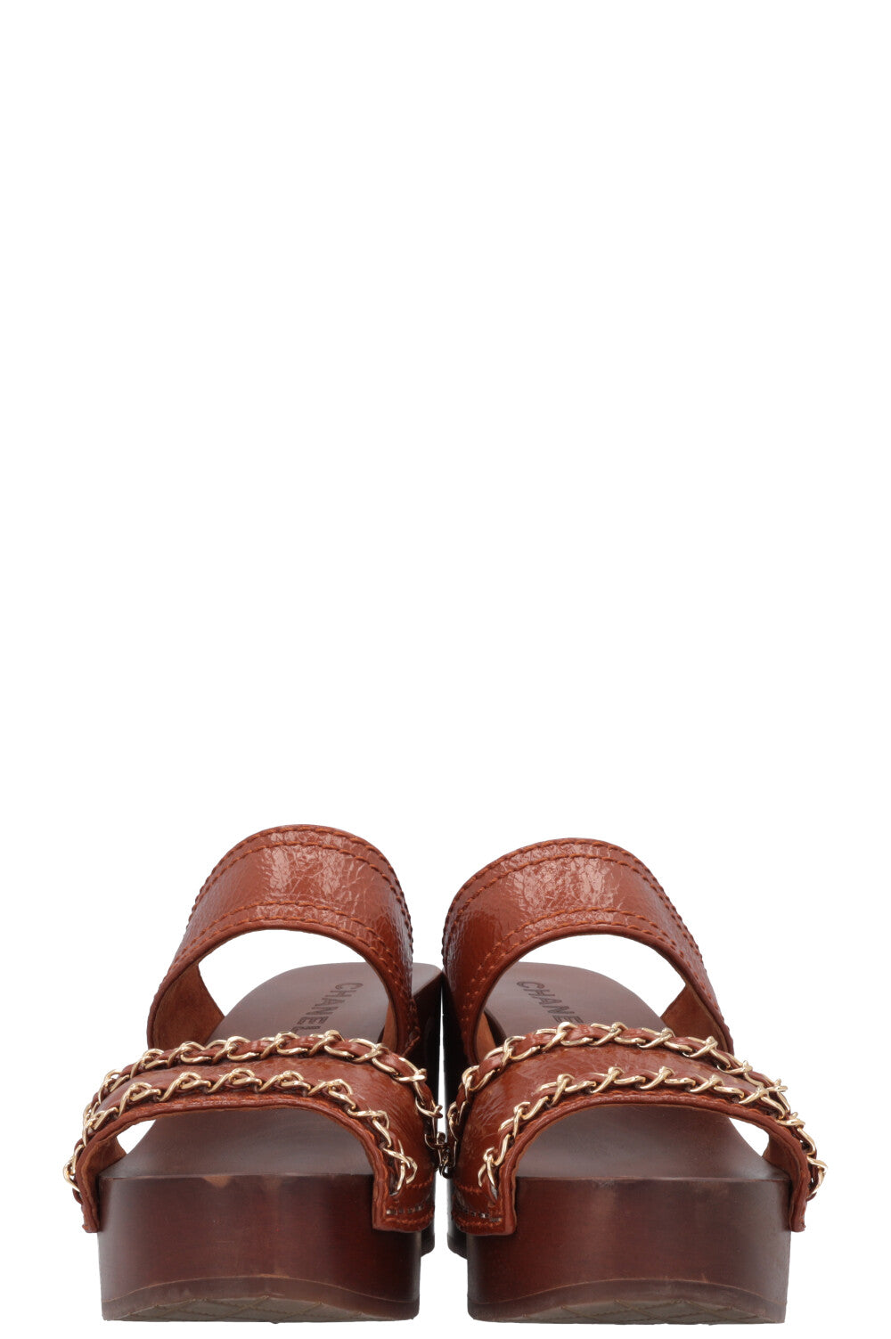 CHANEL Clogs Leather Chain Brown