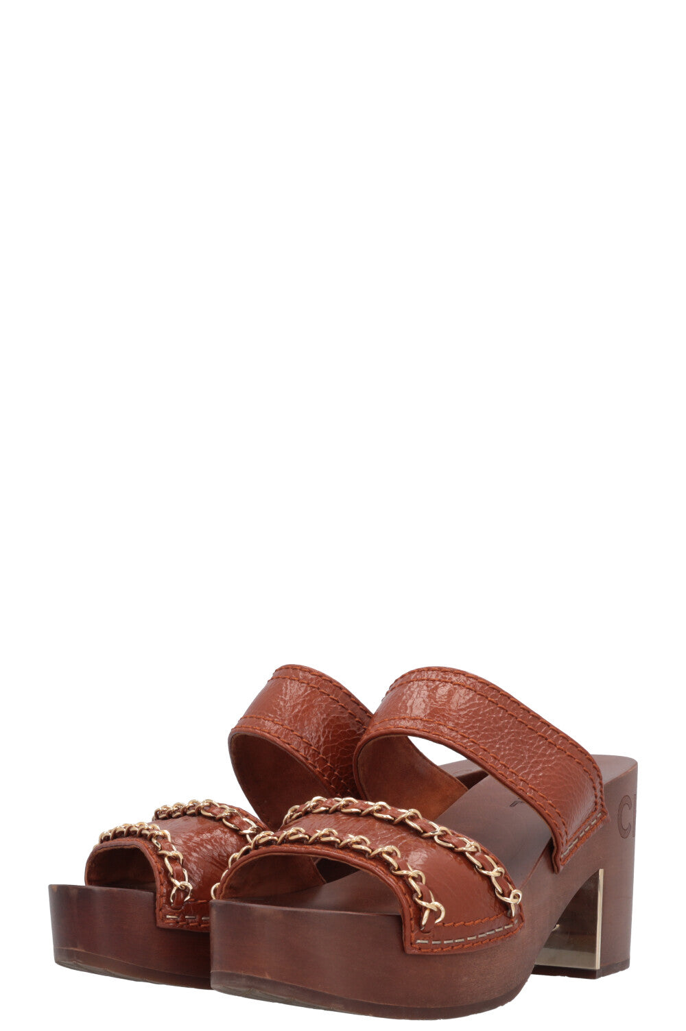 CHANEL Clogs Leather Chain Brown