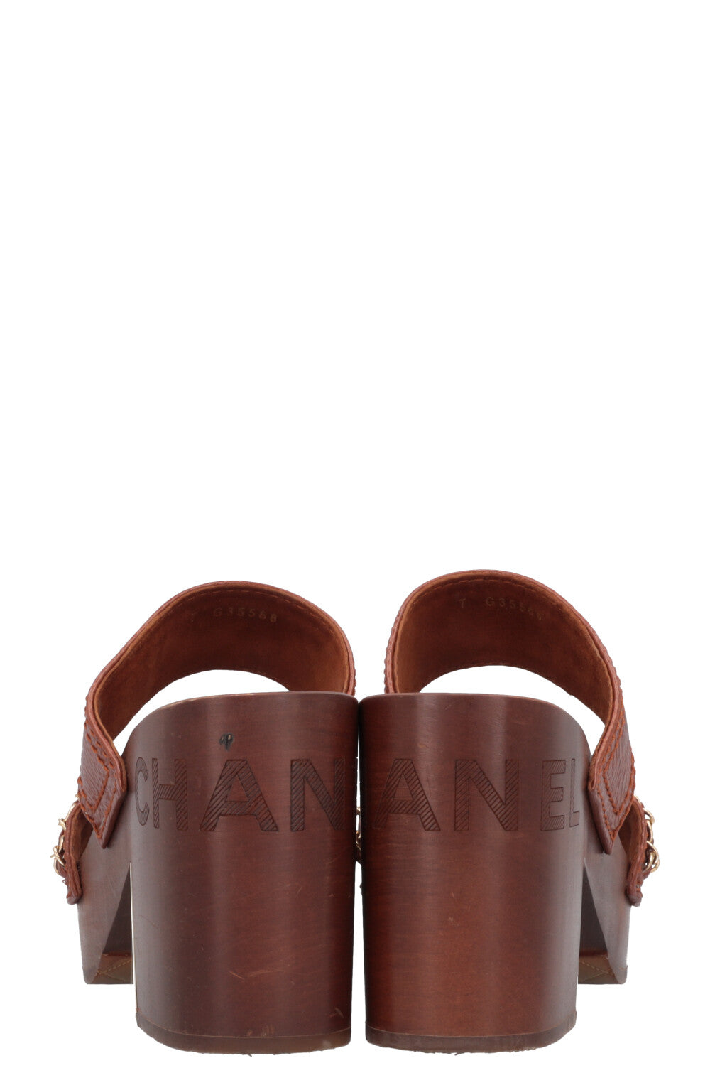 CHANEL Clogs Leather Chain Brown