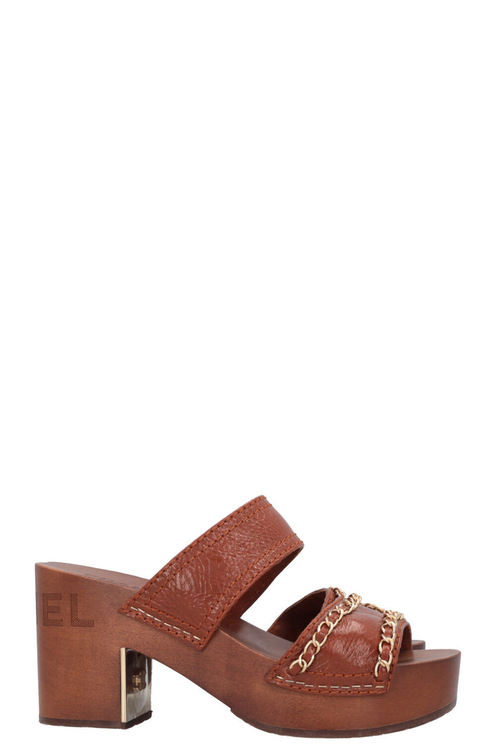 CHANEL Clogs Leather Chain Brown