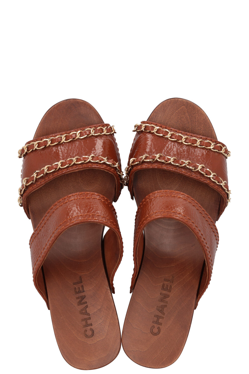 CHANEL Clogs Leather Chain Brown
