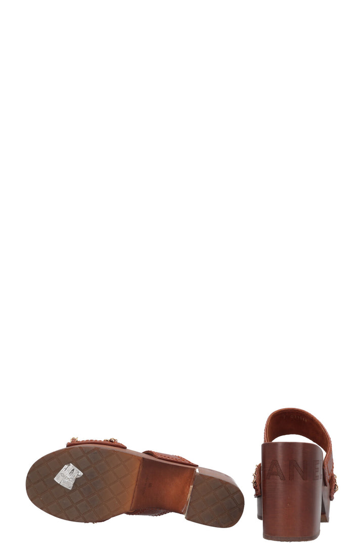 CHANEL Clogs Leather Chain Brown
