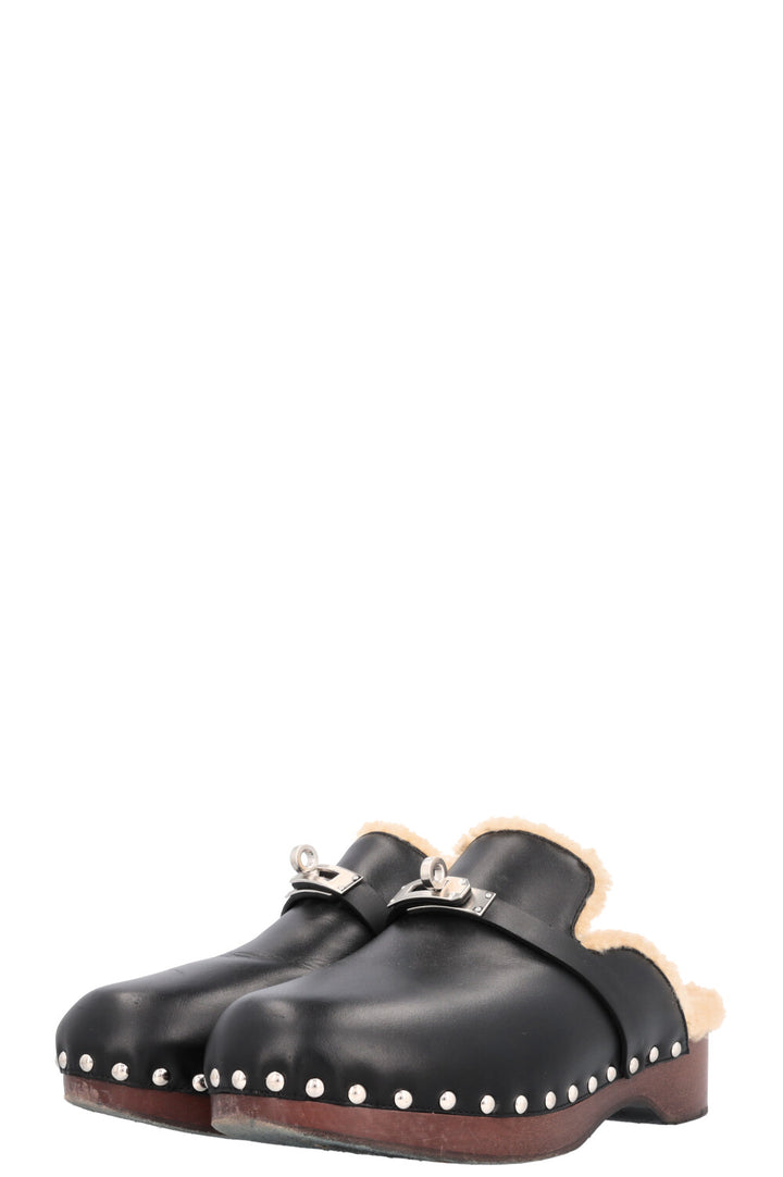 HERMÈS Carlotta Kelly Clogs Shearling Noir