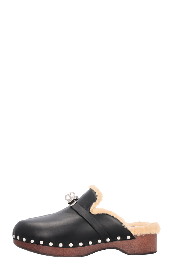 HERMÈS Carlotta Kelly Clogs Shearling Noir