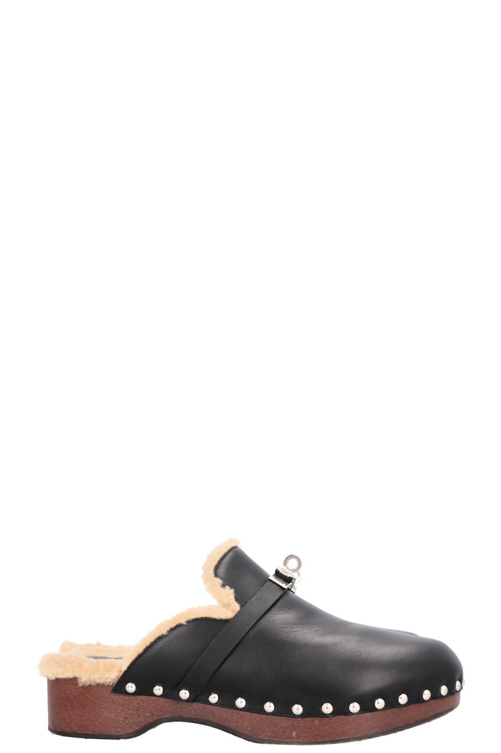 HERMÈS Carlotta Kelly Clogs Shearling Noir