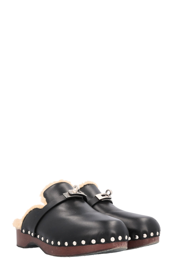 HERMÈS Carlotta Kelly Clogs Shearling Noir