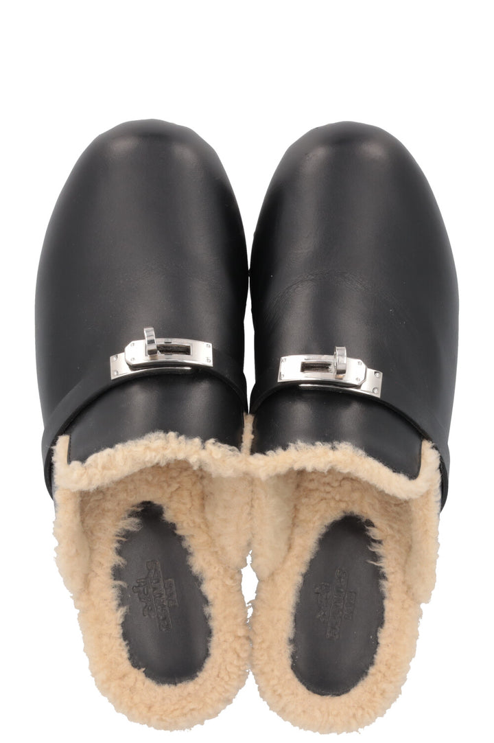 HERMÈS Carlotta Kelly Clogs Shearling Noir