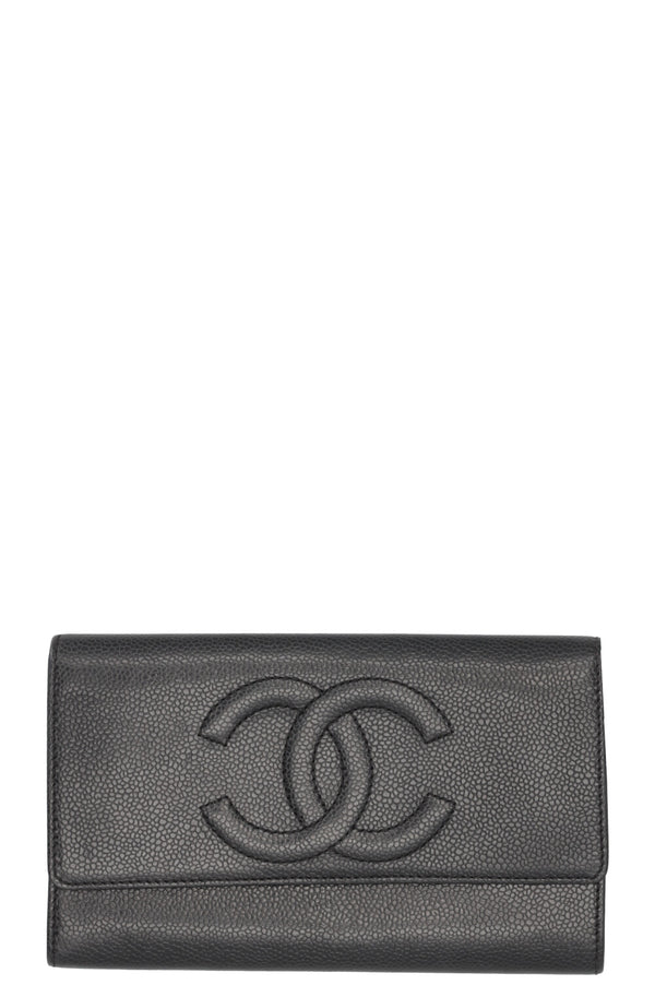 Portefeuille long CHANEL CC en cuir caviar noir
