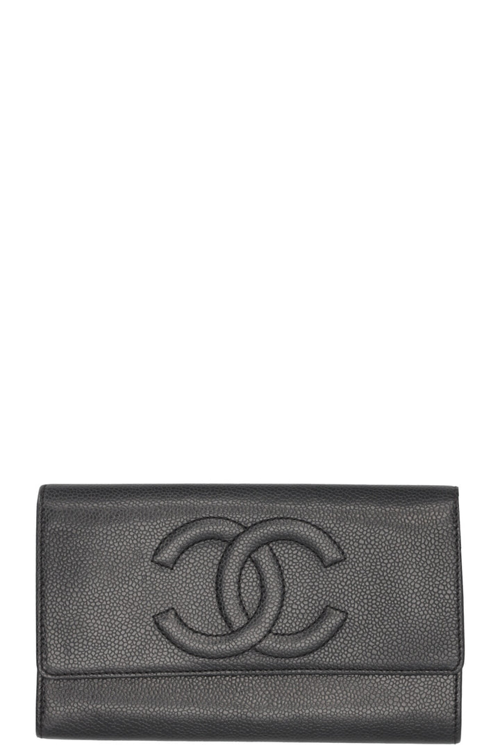 Portefeuille long CHANEL CC en cuir caviar noir