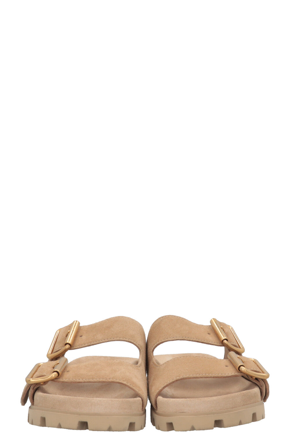 PRADA Double Buckle Slides Suede Beige