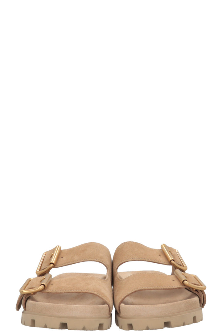 PRADA Double Buckle Slides Suede Beige