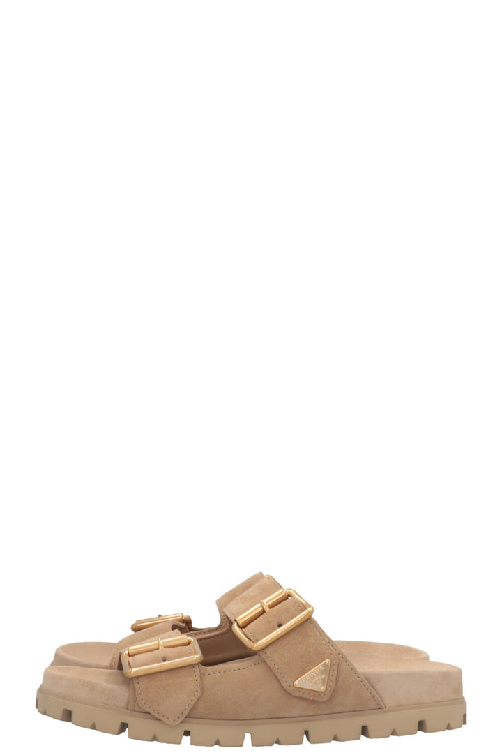 PRADA Double Buckle Slides Suede Beige