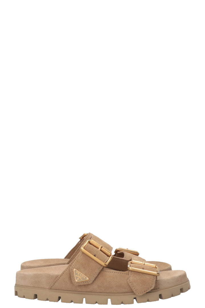 PRADA Double Buckle Slides Suede Beige