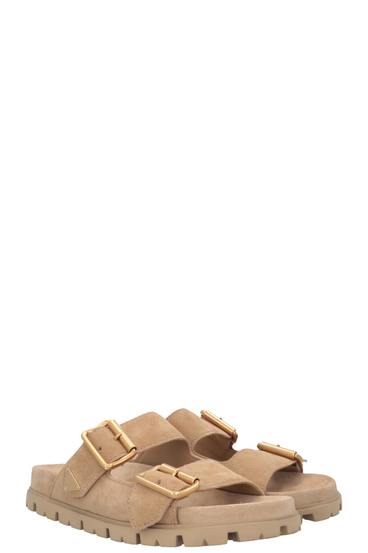 PRADA Double Buckle Slides Suede Beige